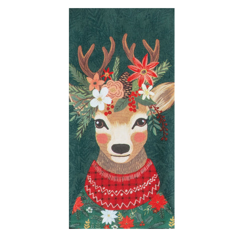 Flowers Everywhere holiday kitchen towel with deer