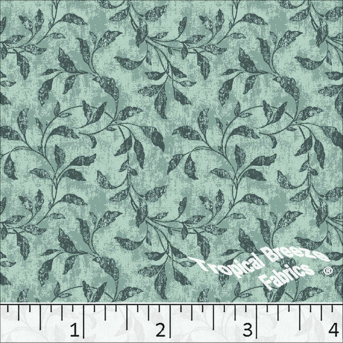 Linen Weave Leafy Vines Print Poly Cotton Fabric 6107 dusty jade