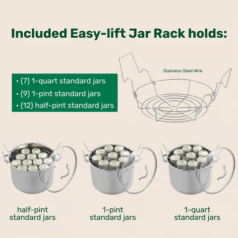 Stainless Steel Canner 620 description of jar rack and amount of jars to fit in