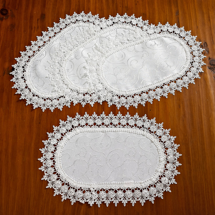 White 12x18 Flower Bow Embroidered Lace Doily