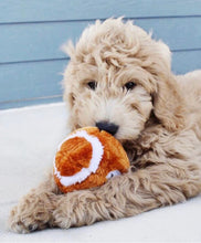 dog playing with football plush dog chew toy