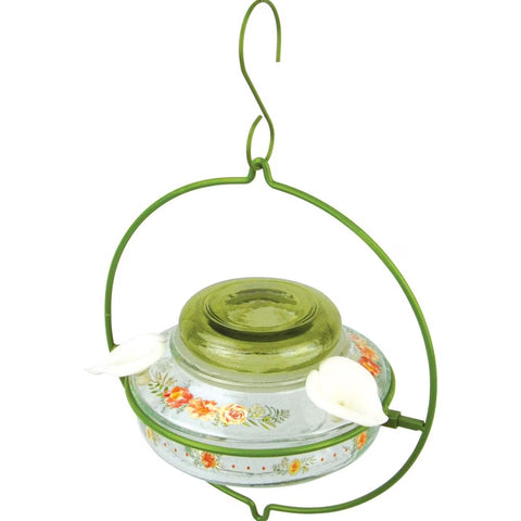 Nature's Way Green Glass Top-fill Hummingbird Feeder with floral decorations