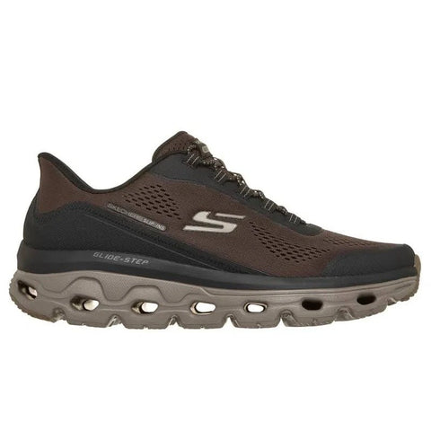 Side view of Skechers men's Slip-ins Glide-Step Sole Glover Peak shoe in brown