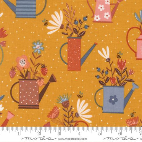 gold, Blossoms and Blooms Collection Watering Can Cotton Fabric 39050