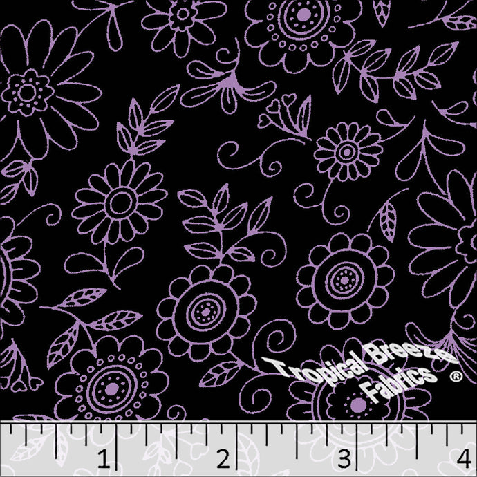 Poly Cotton Doodle Floral Print Fabric 5763 Grape
