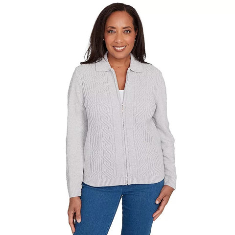 gray, Women's Petite Zip-Front Chenille Cardigan 03969