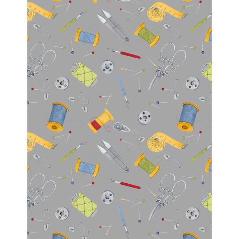 Common Threads Collection Notions All Over Cotton Fabric 21754 gray