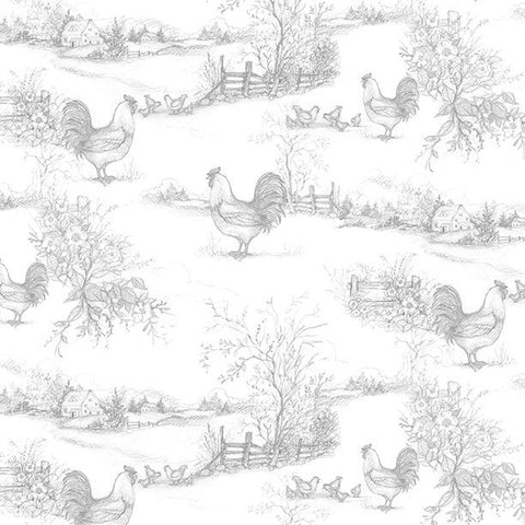 gray, Country Blue Collection Rooster Toile Cotton Fabric 39903
