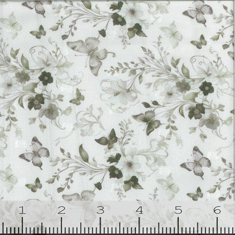 green, Swiss Dot Butterfly Meadow Print Polyester Fabric 00022