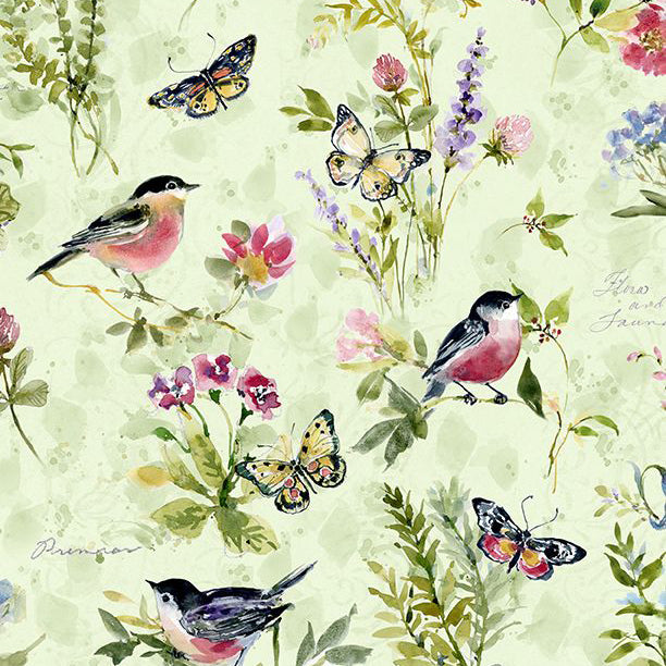 Among the Branches Collection Birds All Over Cotton Fabric green