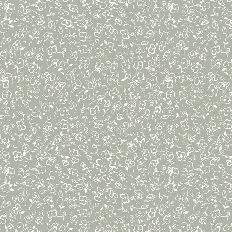 Au Naturel Collection Floral Doodle Cotton Fabric 17820 green background, white flowers