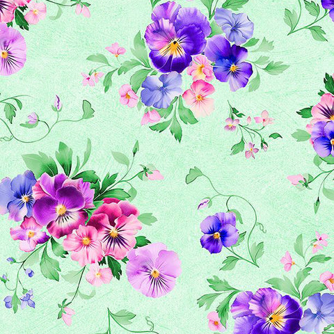 green, Pansy Fields Collection Bouquets Cotton Fabric 28663