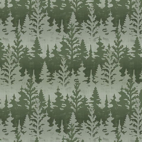 green, Timberland Trails Collection Trees All Over Cotton Fabric 45606