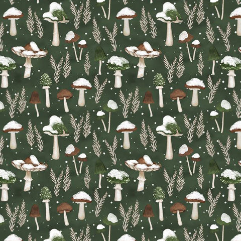 green mushrooms, Woodland Snowman Cotton Fabric Collection 3017