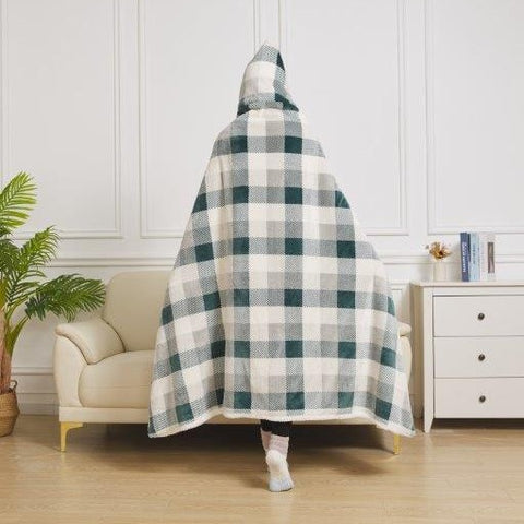 Green & Grey Plaid hooded sherpa throw