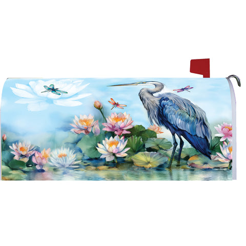 Mailbox cover showing Heron & lilies