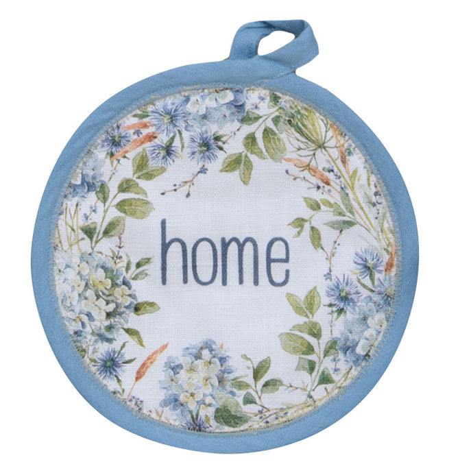 BOHEMIAN BLUE POTHOLDER with wreath around the word home