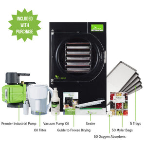 Harvest Right Home Pro Medium Freeze Dryer in black, showing all items included with kit