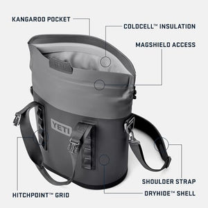 Hopper M15 Tote Soft Cooler Features: kangaroo pocket, coldcell insulation, magshield access, shoulder strap, dryhide shell, hitchpoint grid