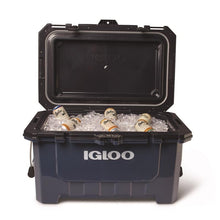 Igloo IMX 70 quart cooler in rugged blue, open with ice and cans in it