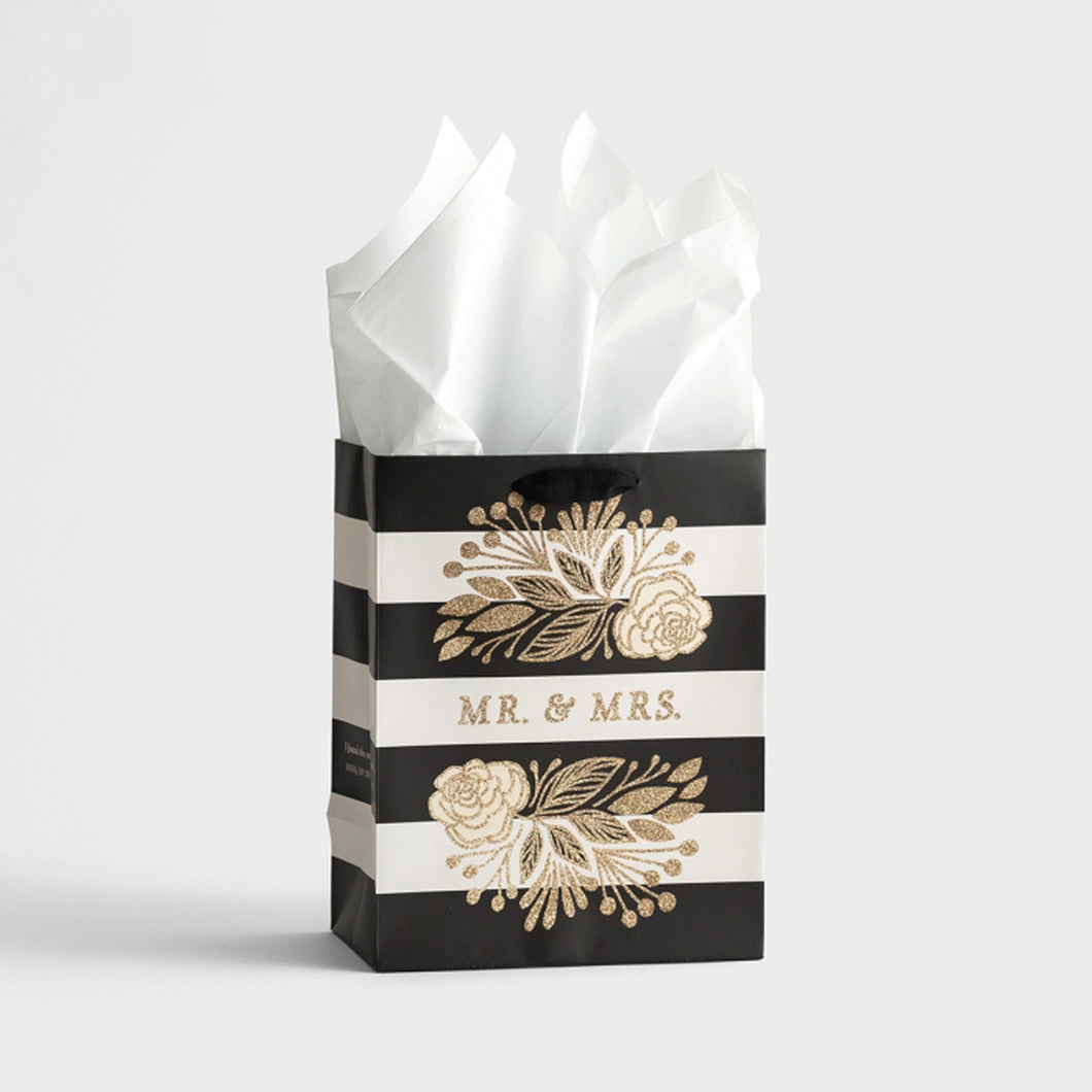 Medium Gift Bag with Tissue Wedding - Mr. & Mrs. - J4258 Black and White Stripes and glitter accents