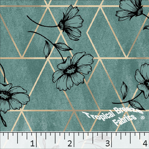 jade, Standard Weave Geometric Floral Print Poly Cotton Fabric 6254