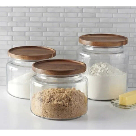 3 Piece Glass Jar Set with Acacia Lids 14614