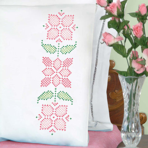 Cross Stitch Pretty in Pink Perle Edge Pillowcases 1600-55