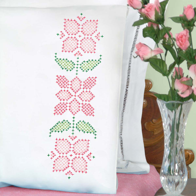 Cross Stitch Pretty in Pink Perle Edge Pillowcases 1600-55
