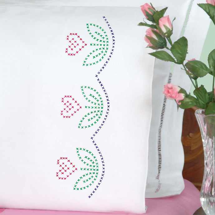 Cross Stitch Heart Flowers Perle Edge Pillowcases 1600-964