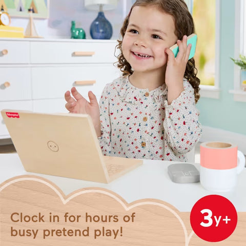 Fisher-Price Wood Pretend Play Work From Home Set, 9-Piece Office Playset HXV11