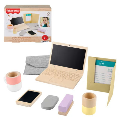 Fisher-Price Wood Pretend Play Work From Home Set, 9-Piece Office Playset HXV11