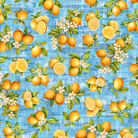 light blue, Citrus Bliss Collection Lemons Cotton Fabric 31714