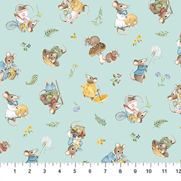 light blue, Country Mouse Collection Scattered Mice Cotton Fabric DP29007