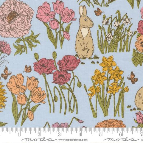 light blue, My Secret Garden Collection Garden Bunnies Cotton Fabric 20982