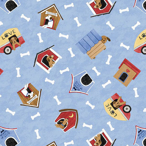 light blue, Paws at Play Collection Doghouse Toss Cotton Fabric 39921