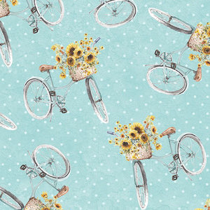 Sunflower Sweet Collection Bicycle Toss Cotton Fabric light teal