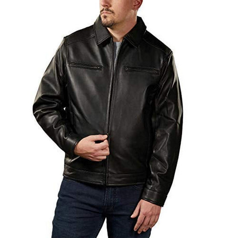 Boston Harbour men's black leather jacket zipped up partway