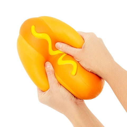 Squeezing The Big Squij Hot Dog squishy toy
