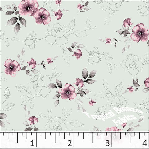 mint, Standard Weave Floral Print Poly Cotton Fabric 6313