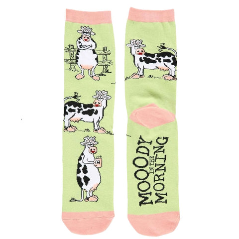 Lazy One women's crew sock with moody in the morning cow pattern