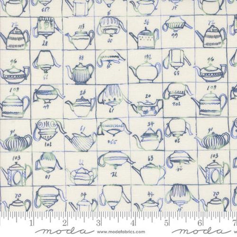 natural, Larking Collection Tea Pot Blueprint Cotton Fabric 24631