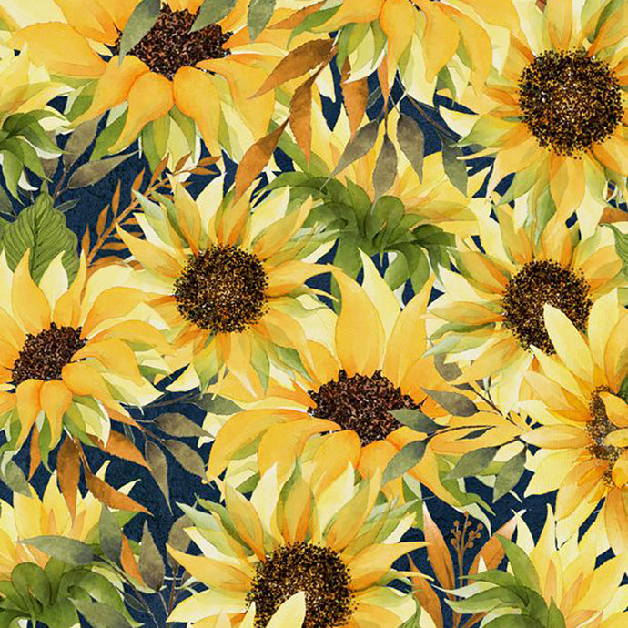 Autumn Sun Collection Packed Sunflowers Cotton Fabric navy
