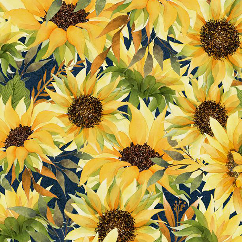 Cute Rustic Sunflower Pattern Blue Background Fabric