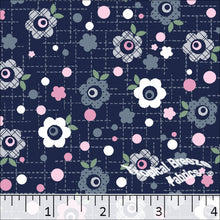 Poly Cotton Floral Grid Dress Fabric navy