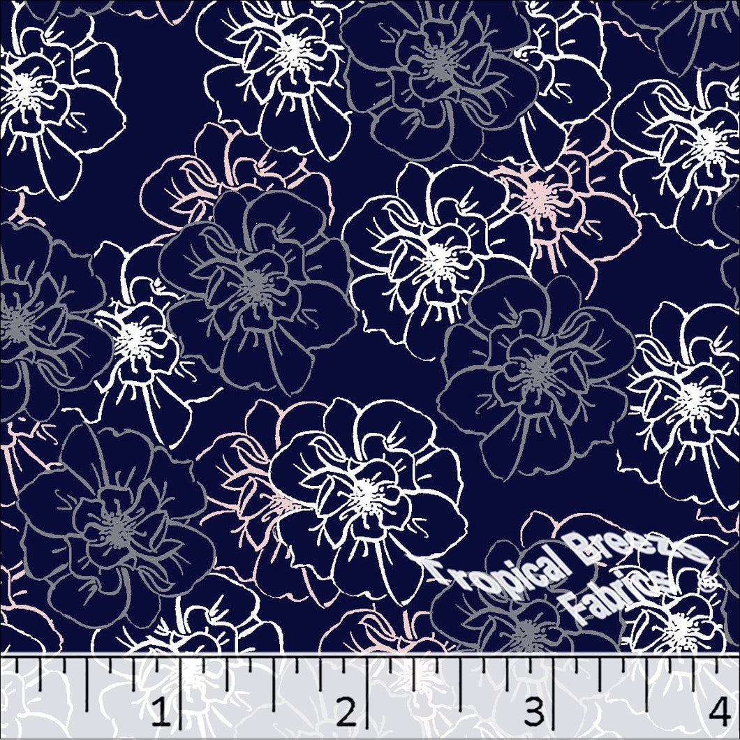 Standard Weave Big Blossom Print Poly Cotton Dress Fabric Navy