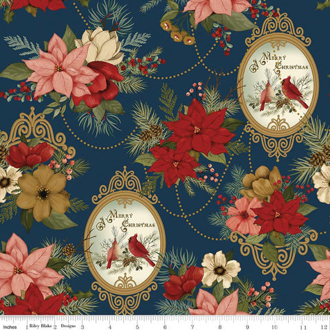 navy, Christmas Greeting Collection Large Floral Print Cotton Fabric C17660