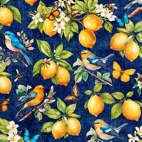 navy, Citrus Bliss Collection Lemons and Birds Cotton Fabric 31712