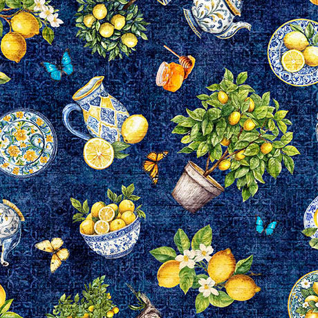navy, Citrus Bliss Collection Lemons and Flora Cotton Fabric 31713