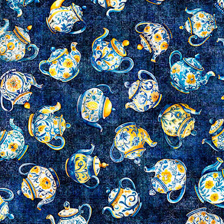 navy, Citrus Bliss Collection Teapots Cotton Fabric 31715